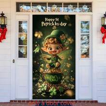 2Dflat,1pc St. Patrick's Day Door Cover, Polyester Banner, Gnome And Shamrock Design, Multi-Purpose Holiday Outdoor Decoration, No Electricity Required, Green Door Hanging Sign For Party Decoration - 1PCS - View 2