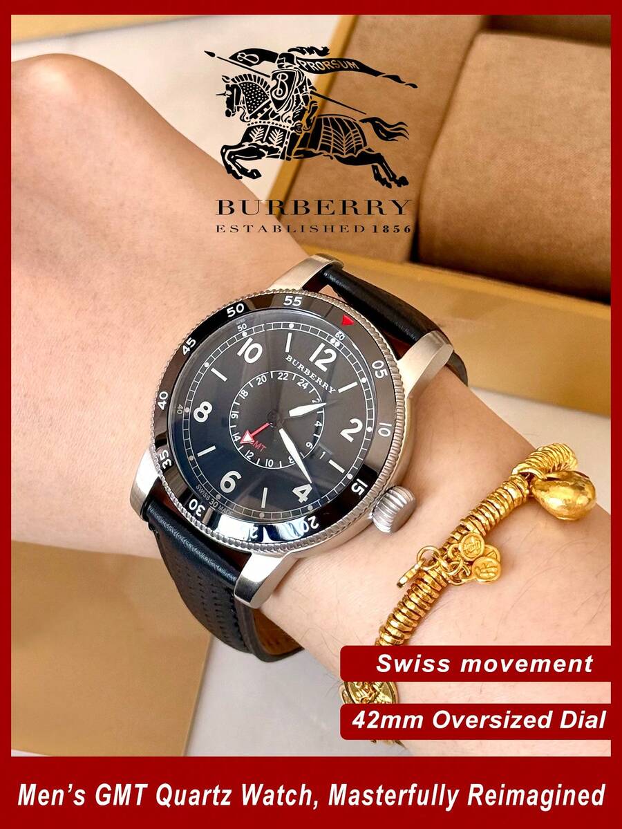 Burberry Utilitarian GMT Swiss Black Leather Men's Watch - Black - View 1