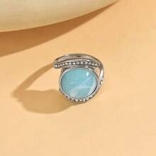 Bague vintage en pierre ronde synthétique bleu ciel, convient pour la mode féminine, le quotidien, les festivals, les fêtes. Cadeau de bijoux - R1939 - Voir 2