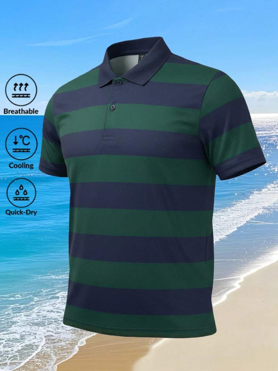 男士夏季撞色条纹Polo衫，速干透气运动休闲上衣 - 綠色 - 查看 1