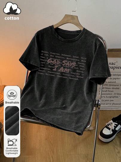 Plus Size Women's Summer "God Says I'm A Christian" Printed Crew Neck Short Sleeve Simple Casual Washed T-Shirt Top; Bible Text Printed ; Jesus Christ Church Christmas Gift Printed Women's Summer 2026; Love And Grace Printed Summer Family Comfort Party .