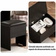 Tocador con Espejo y Luces,Tocador de Maquillaje de 35,4'' con 2 Cajones y Armario,Mesa de Maquillaje con Panel Plegable y 3 Estantes,Taburete de Almacenamiento,Juego de Tocadors para Recamara,Marrón - Negro - Ver 6