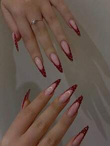 10 Pieces Of Handmade Almond-Shaped Red French Bead Press-On Nails. Featuring Hand-Painted Red French Tips And Manually Embellished With Silver Beads, These Elegant, Romantic And Minimalist Press-On Nails Are High-End, Sexy And Luxurious Nail Art Patches. They Are Suitable For Daily Wear, Dates, Concerts And Light Business Occasions, And Make An Excellent Gift For Women And Girls - Multicolor - View 10