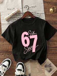 女童及青少年学生休闲粉色印花圆领短袖T恤，夏季上衣 - 黑色 - 查看 4