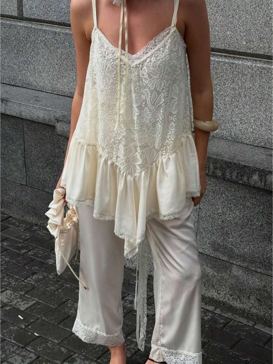 Women Y2k Sheer Lace Cami Tops Asymmetrical Dress Sleeveless Spaghetti Strap Ruffle Hem Camisole Backless Dress Summer Casual Shirt Aesthetic Clothes - 白色 - 查看 1