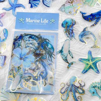 50 piezas Pegatinas con estampado de vida marina para laptop, botella de agua, equipaje, diario, resistentes al agua, graffiti, pegatinas PET, suministros para scrapbooking, pegatinas divertidas, suministros para scrapbooking, Kindle