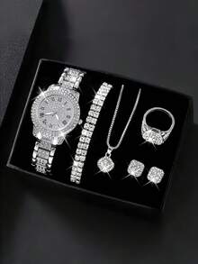 7pcs Elegant Quartz Watch & Jewelry Set, Including Round Ladies Watch, Crystal Necklace, Earrings, Ring, Bracelet (No Gift Box)