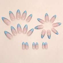 A Box Of 24 Blue Aurora French Pearl Almond Nails Ins Fake Nails Finished Wear Nails - Màu xanh lam - Xem 4