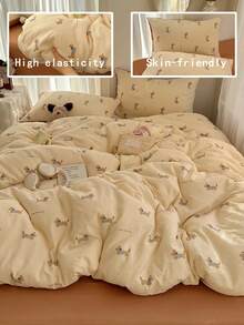 4pcs Dog Pattern Bedding Set, Soft & Comfortable Bedroom Linens, Cute Dachshund Design, Breathable & Soft All Season Bed Set Including 1 Duvet Cover, 1 Bed Sheet, 2 Pillow Shams, No Filling, Suitable For Bedroom, Dorm, Home Use, Multiple Sizes Available - Beige - View 2