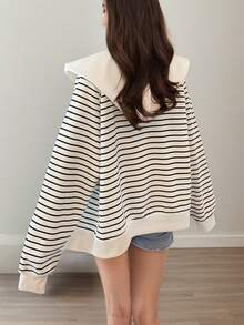 YUXIN 女士休闲针织条纹连帽开衫 - 宽松版型拉链撞色滚边上衣，适合日常休闲、叠穿、新年派对 - 奶油色 - 查看 7