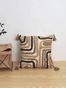 1pc Geometric Line Pattern Cushion Cover, Bohemian Plush All-Over Embroidered Tassel Decorative Pillow Sham For Living Room, Bedroom, Sofa, Bedroom, Home Decor, Outdoor Patio, Garden, Holiday Party, Car, Seasonal Use, Without Insert, 30*50cm, 45*45cm - Multicolor - View 4