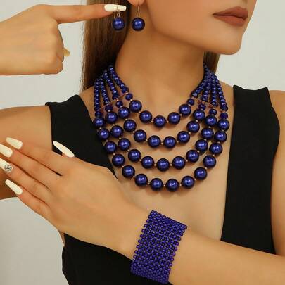 Exaggerated Multi-Layer Dandelion Handmade Beaded Faux Pearl Necklace, Bracelet And Earrings 3-Piece Set, Vintage Boho Style