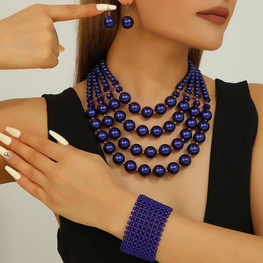 夸张多层蒲公英手工串珠仿珍珠项链、手链和耳环三件套，复古波西米亚风 - 藍色 - 查看 1