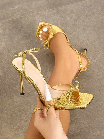 Women's High Heels, Suitable For Parties, Gatherings, Outdoor Travel, Fashion Socialite High-End Banquet, Mirror Craftsmanship, Gold Stilettos, 3D Bow Decor, Square Toe, Vacation Luxurious Style, Sexy Mirror Marble Texture, Elegant Rear Strap, Luxurious Gold High Heels, Graceful Ladies Sandals