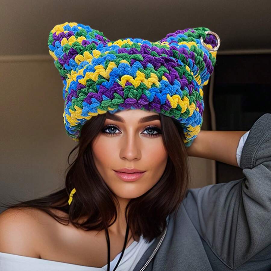 1pc New Fashion Creative Women's Cute Cat Ear Knitted Hat Thick Yarn Handmade Needle - 紅色 - 查看 1