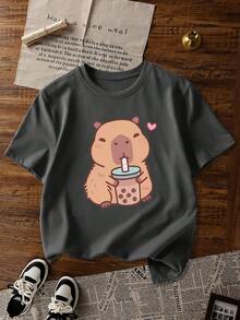 3件套女童休闲印花圆领短袖T恤，夏季学生童装 - 可爱的水豚印花T恤为每个孩子带来欢乐和幸福！ - 粉色 - 查看 4