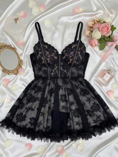 SOFUSEN Elegante vestido de patchwork de varias capas con adorno floral, camisón de patchwork de malla elegante, ropa de estar en casa, regalo perfecto para la novia, regalo del Día de San Valentín