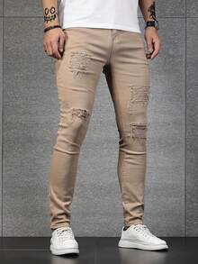 Men's Casual Jeans, Men's Ripped Slim Fit Straight Leg Jeans With Holes - Màu Khaki - Xem 4