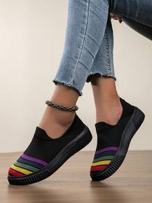 女士平底套脚鞋，时尚休闲舒适运动鞋，方便休闲鞋，白色帆布鞋 - 黑色 - 查看 13