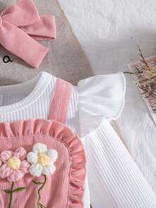 Bộ đồ liền thân tay ngắn dệt kim họa tiết hoa cho bé gái mùa thu/đông, màu xanh dương, gồm áo liền thân và tất họa tiết hoa, cùng băng đô màu xanh dương. - Hồng - Xem 8