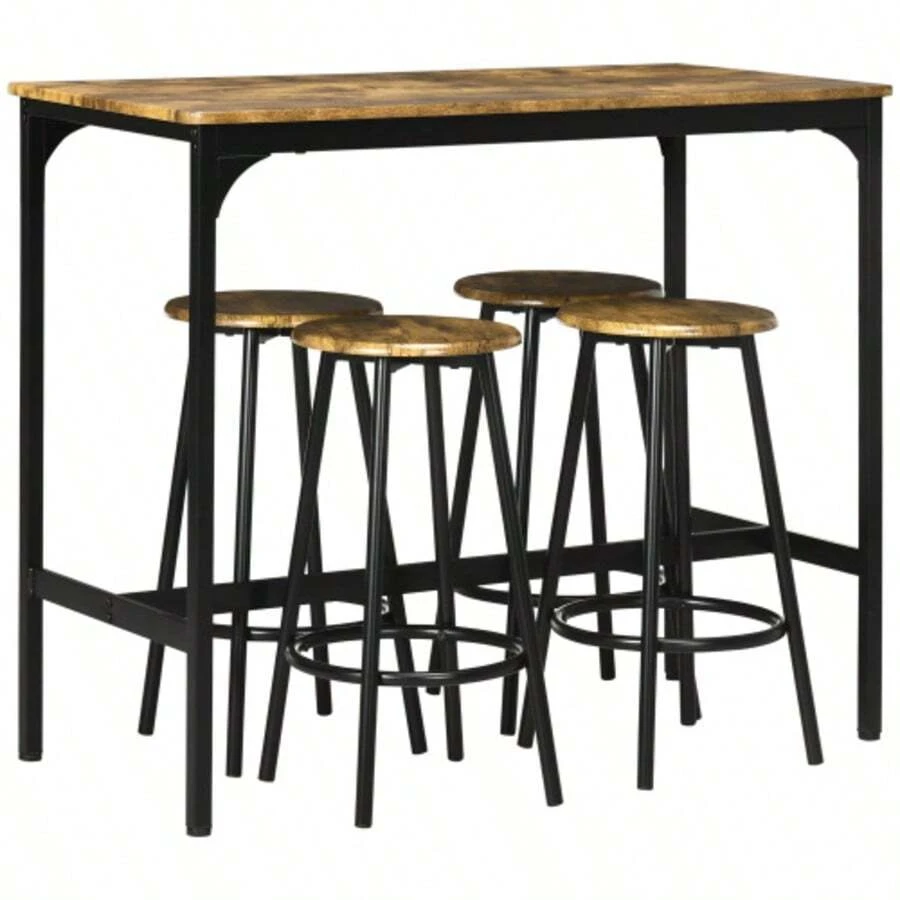HOMCOM 5-Piece Bar Table Set With 4 Bar Stools, Industrial-Style Kitchen Table, Rustic Brown Metal Dining Set For Kitchen And Bar - Khaki - View 1