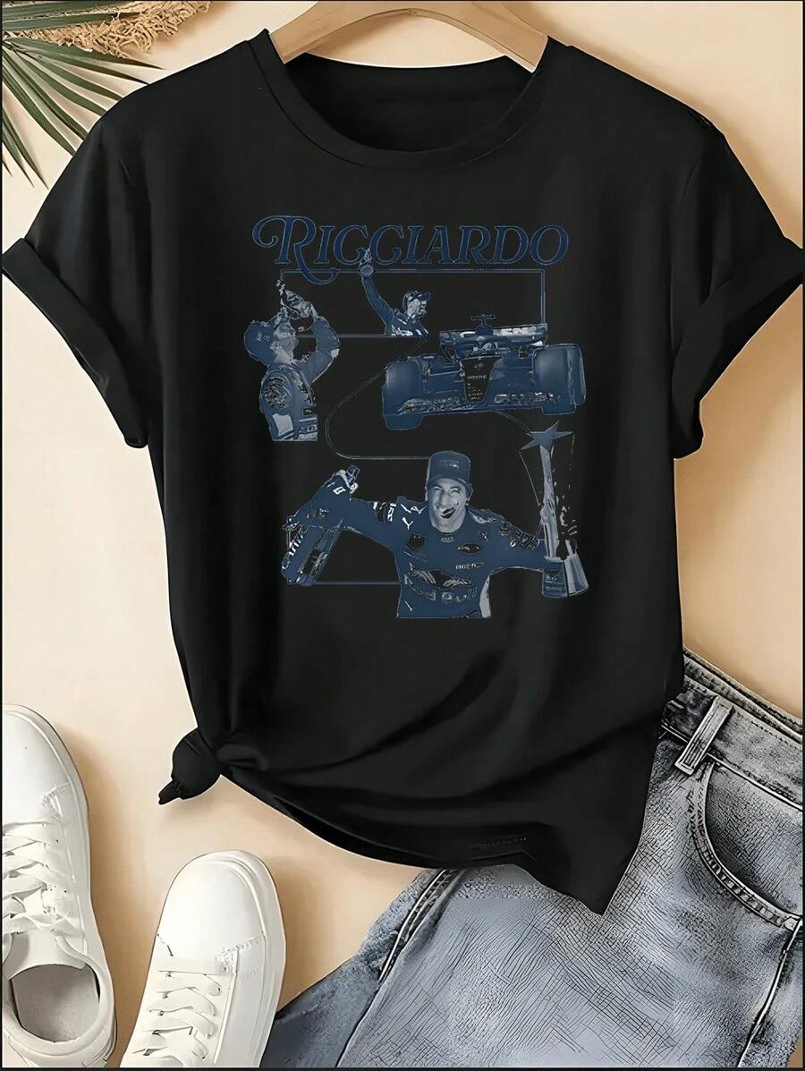 F1 Racing T-Shirt, Unisex Crew Neck VER 1 Print Short Sleeve Tee, Motorsport Racing Stripe Checkered Accent Casual Top, Sporty Style Machine Washable Shirt, Perfect For 4th Of July, Memorial Day, Labor Day, Father's Day, Back To School, Daily Wear, Race Day, Fan Gatherings, Birthday Gift For Son, Boyfriend, Dad, Niece, Spring Summer Outfits, Motorsport F1 Fan Apparel - 黑色 10 - 查看 1