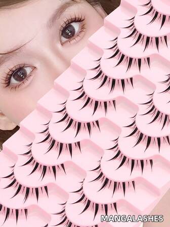 10 Pairs Transparent Stem Natural Cartoon Style False Eyelashes, Soft And Suitable For Women's Daily Commute, Party, Date