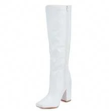 Women's Platform Knee-High Boots With A Square Toe And Pleated Soft Leather Design. These Chunky-Heeled, Side-Zip, Over-The-Knee Boots Are Perfect For Autumn And Winter, Suitable For Parties, Nightclubs, Music Festivals, And Christmas Occasions. - 白色 - 查看 3