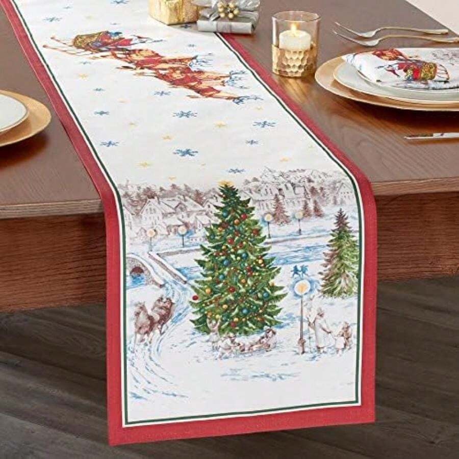 Home Fashions Santa Snowy Sleighride - Mantel de Navidad y Navidad, 60 x 84 Pulgadas, Rectangular(Camino de mesa (1) 177.8 x 33 cm (Rectangular)) - Multicolor - Ver 1