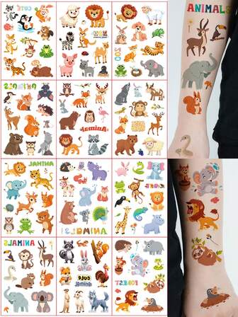 130 Animal Pattern Tattoo Stickers, 12 Sheets, Penguin, Rabbit, Kangaroo, Monkey, Sheep, Elephant, Long Neck Dinosaur And More Cartoon Animal Elements, Waterproof Realistic Temporary Fake Tattoo Stickers, Suitable For Arms, Perfect Birthday Holiday