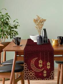 1pc Middle Eastern Ramadan Star & Crescent Lantern Print Linen Table Runner, Suitable For Festivals, Parties, Birthdays, Dinners, Kitchen & Dining Room Decor, Shoe Cabinet & Storage Cover, All Season Home Decor - Multicolor - View 2
