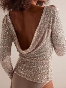 Women's Sequin Backless Shirts Y2K Sparkly Glitter Long Sleeve Boat Neck Slim Fit T Shirt Shiny Blouses Going Out Tops Party Clubwear - 金色 - 查看 3