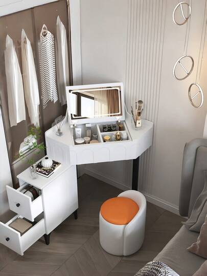 Tocador multifuncional elegante de alta calidad con espejo LED y dos cajones, taburete no incluido.