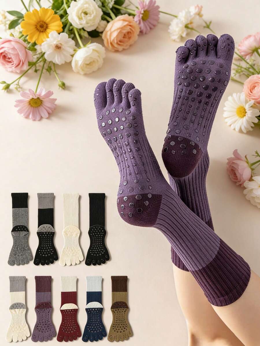 1 Pair Colorblock Five Toe Yoga Socks, High Elasticity & Comfort, Moisture-Wicking, Anti-Slip & Shock-Absorbing, Suitable For Gym, Yoga, Pilates, Indoor Fitness, Gift - Multicolor - View 1