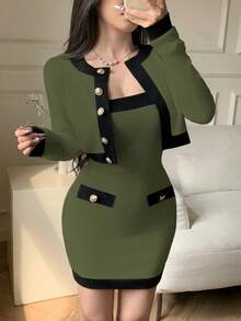 abyoxi 女款對比色金色單排扣長袖圓領短版針織開襟外套，搭配抹胸修身迷你洋裝，彈性針織面料兩件套，復古優雅迷人時尚，適合辦公通勤、日常穿著、休閒聚會、約會，秋冬穿搭 - 軍綠色 - 查看 1
