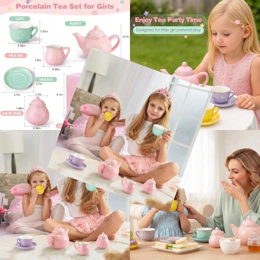 Juego de te de porcelana para niñas juego de fiesta de te para niñas pequeñas juego de simulacion de fiesta de niños estuche de transporte juguetes para niñas y niños pequeños regalos deConveniente y duradero,Los favoritos de los niños - Multicolor - Ver 1