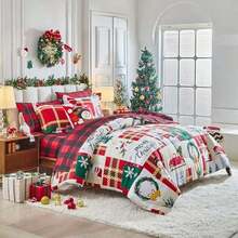 Juego de edredón de Navidad, diseño reversible con muñeco de nieve, copo de nieve, ciervo y cuadros, de microfibra suave y ligera para todas las ocasiones - Patchwork Plaid - Ver 3