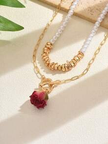 1 Set Elegant Faux Pearl Rose Flower Pendant Necklace, Fashionable & Versatile Jewelry Gift For Women, Suitable For Dates, Parties, Gatherings