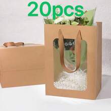 5-20个装牛皮纸袋，带窗口，透明手提袋，适用于教师节、展览、鲜花礼品、纪念品、零售 - 棕色 - 查看 10