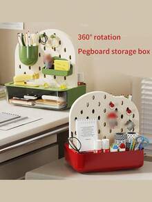 1pc Children's Desktop Pegboard Storage Box, Kids Desk Stationery Organizer Box, Office Drawer Pen Holder Organizer, 360° Rotation For Easy Access
