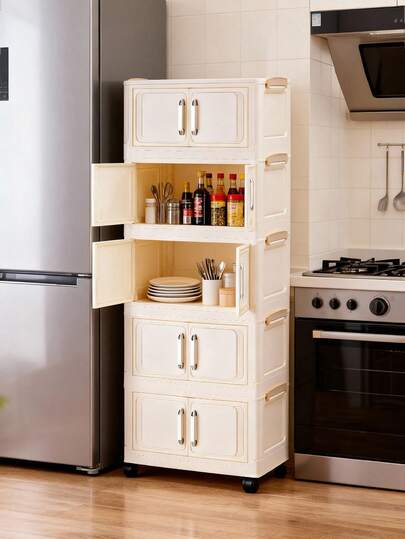 1pc (45cm/17.7in) - (60cm/23.6in) Width Foldable Storage Cabinet, Clothes Closet Storage Box, Home Storage Portable Wardrobe, Double Door Folding Box, 1-5 Layers Selectable, Thickened Double Door With Wheels Storage Cabinet, Home Use No-Assembly Storage Rack, Organizer For Clothes & Toys Plastic Folding Storage Cabinet