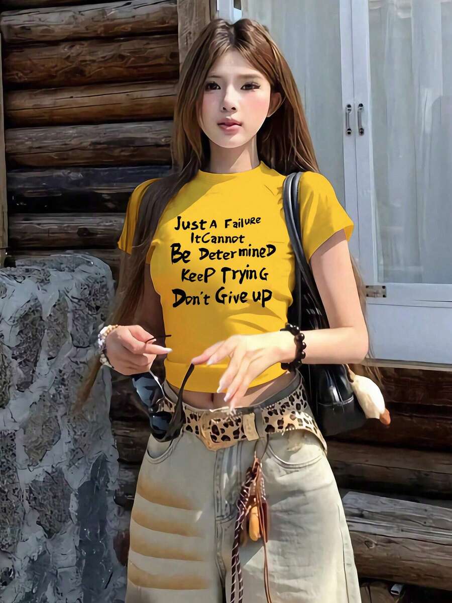 Minimalist American Letter Print Short Sleeve Crop Top, Cinched Waist, Summer - Yellow - View 1