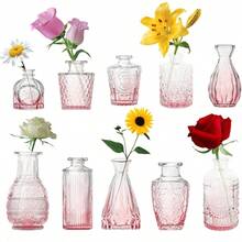 Jarrones De VidrioSet 10 Florero Decorativo Vintage para Hogar Decoración Boho y Rústica para Hogar o Mesa de Boda Fiesta Escritorio Sala de Estar Dormitorio de Oficina Rosa - Rosa - Ver 2