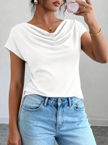 Women's Summer Clothes Tops Dressy Casual Clothing Cowl Neck Short Sleeve Blouses Business Work Office Shirts  Tops For Women - 白色 - 查看 5