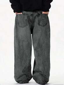 Vintage-gewaschene, locker geschnittene Straight-Leg Herren Jeans - Grau - Übersicht 2