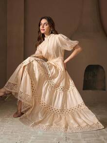 Elegant Bohemian Vintage A-Line Dress, Stand Collar Short Puff Sleeves, Layered Skirt Detail Design - Apricot - View 3