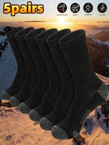 5 Pairs Men's Thick Mid-Calf Socks, Suitable For Autumn/Winter Daily Wear, Versatile. 5-Pack Thick Terry Socks Reaching Ankle, Suitable For Skiing, Cycling, Outdoor Sports, Christmas/Thanksgiving/New Year Gifts. Men's Thick Terry Socks Suitable For Daily Life, Home, Sports Like Running, Gym, Basketball, Comfortable Socks For Everyday Wear. - Black - View 5