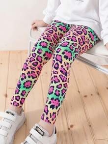 Girls' Leopard Print Leggings, Children's Snug Fit Cropped Pants, Personalized Mid-Calf Trousers, Slim Fit Soft & Versatile, Suitable For All Seasons, Tights