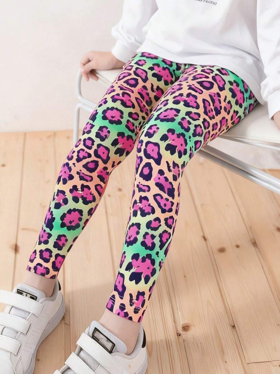 Girls' Leopard Print Leggings, Children's Snug Fit Cropped Pants, Personalized Mid-Calf Trousers, Slim Fit Soft & Versatile, Suitable For All Seasons, Tights