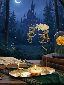 1pc Rotating Carousel Golden Hot Wax Rotating Candle Holder Decor, Windmill Print, Creative Halloween Christmas Gift, Rotating Candle Holder Set, Suitable For Romantic Wedding, Christmas Party, Home Dining Table Decor, Holiday Gift (Style Random)
